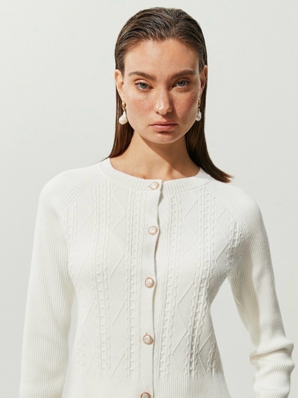 Pomelo White Cable Knit Cardigan Pearl Button